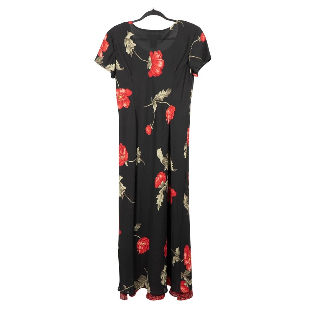 Jessica Howard Floral Maxi Dress 12 VTG 90s Black Red Short Sleeves Ruffle Hem - Picture 6 of 6